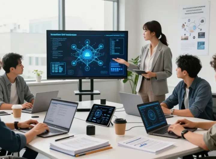 What is IoT network technology illustrated by a diverse team collaborating on smart devices and data analysis in a modern office.