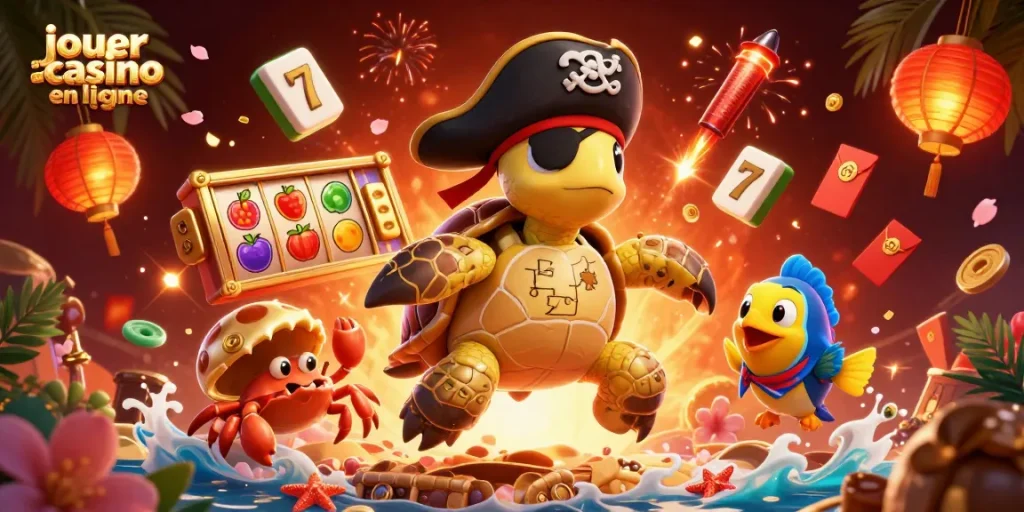Jouer au casino en ligne avec une scène de tortue pirate et des éléments de jeux captivants.