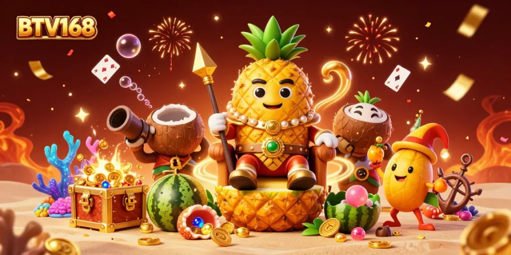 BTV168 unleashes vibrant casino action with a golden pineapple king, showcasing a lively beach scene filled with treasures.