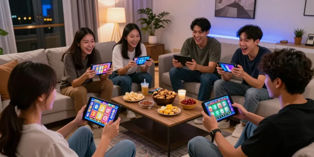 Friends enjoying exciting games on oppa86 situs in a lively living room.