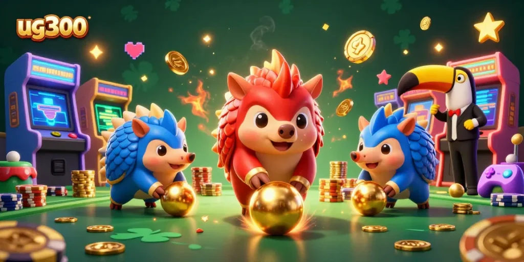 Pangolin berkompetisi dalam permainan kasino sambil memutar bola emas di antara tumpukan chip poker, ug300 menggambarkan keseruan.