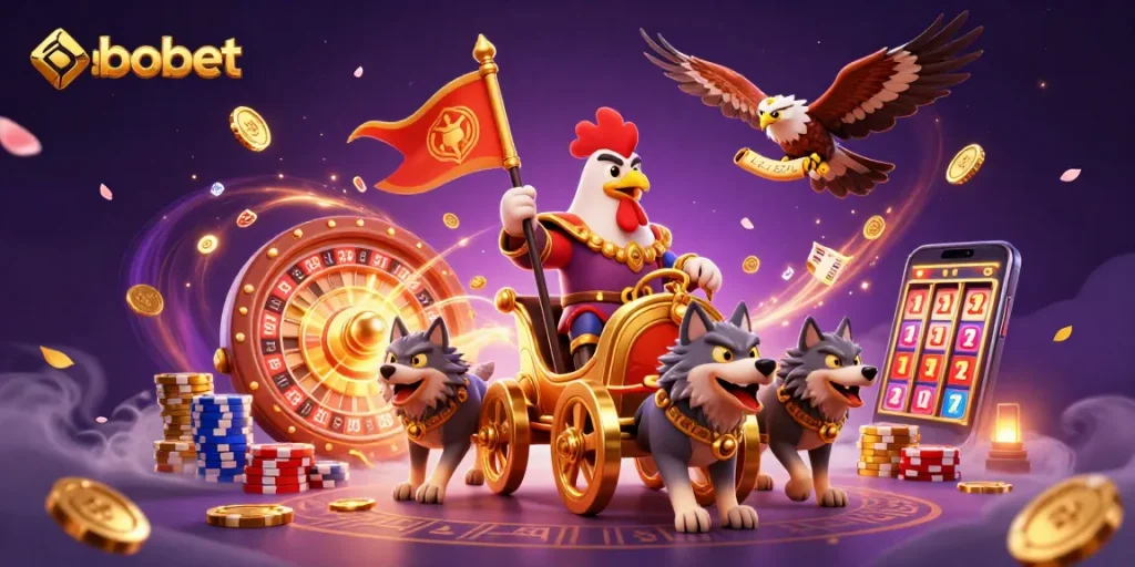Experience thrilling sbobet gameplay with a rooster warlord and dynamic casino elements in this vibrant illustration.