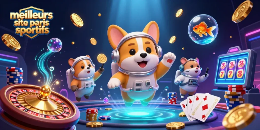 Jouez sur les meilleurs sites de paris sportifs avec un corgi astronaute et des éléments de casino flottants.